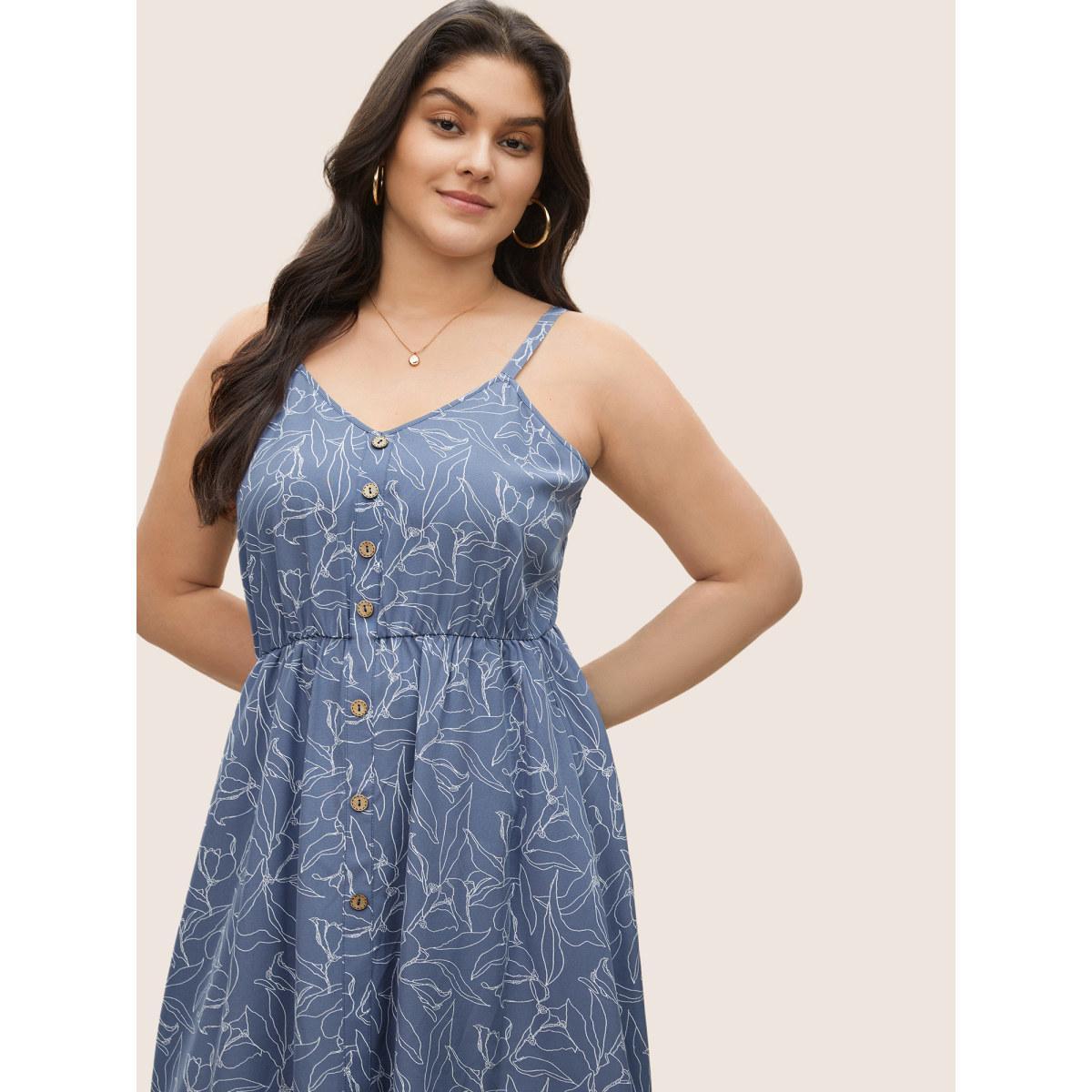 Plus Size Floral Print Button Detail Cami Dress Stone Women Elegant Non V-neck Sleeveless Curvy Midi Dress BloomChic 26/4X Product Image
