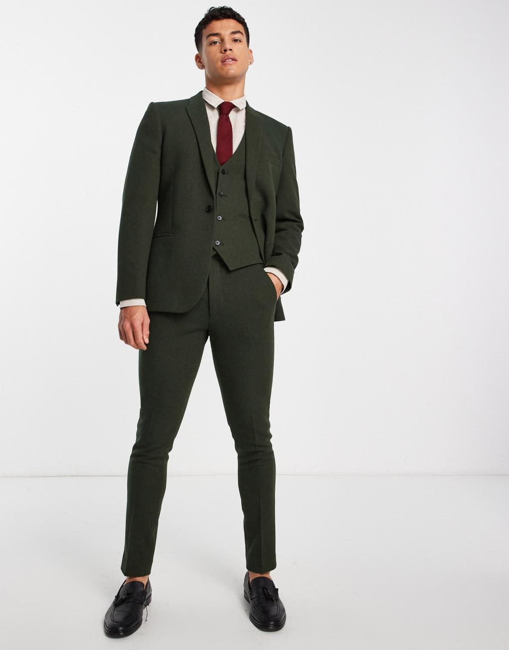 ASOS DESIGN Wedding skinny wool mix suit jacket in dark green basketweave texture  Product Image
