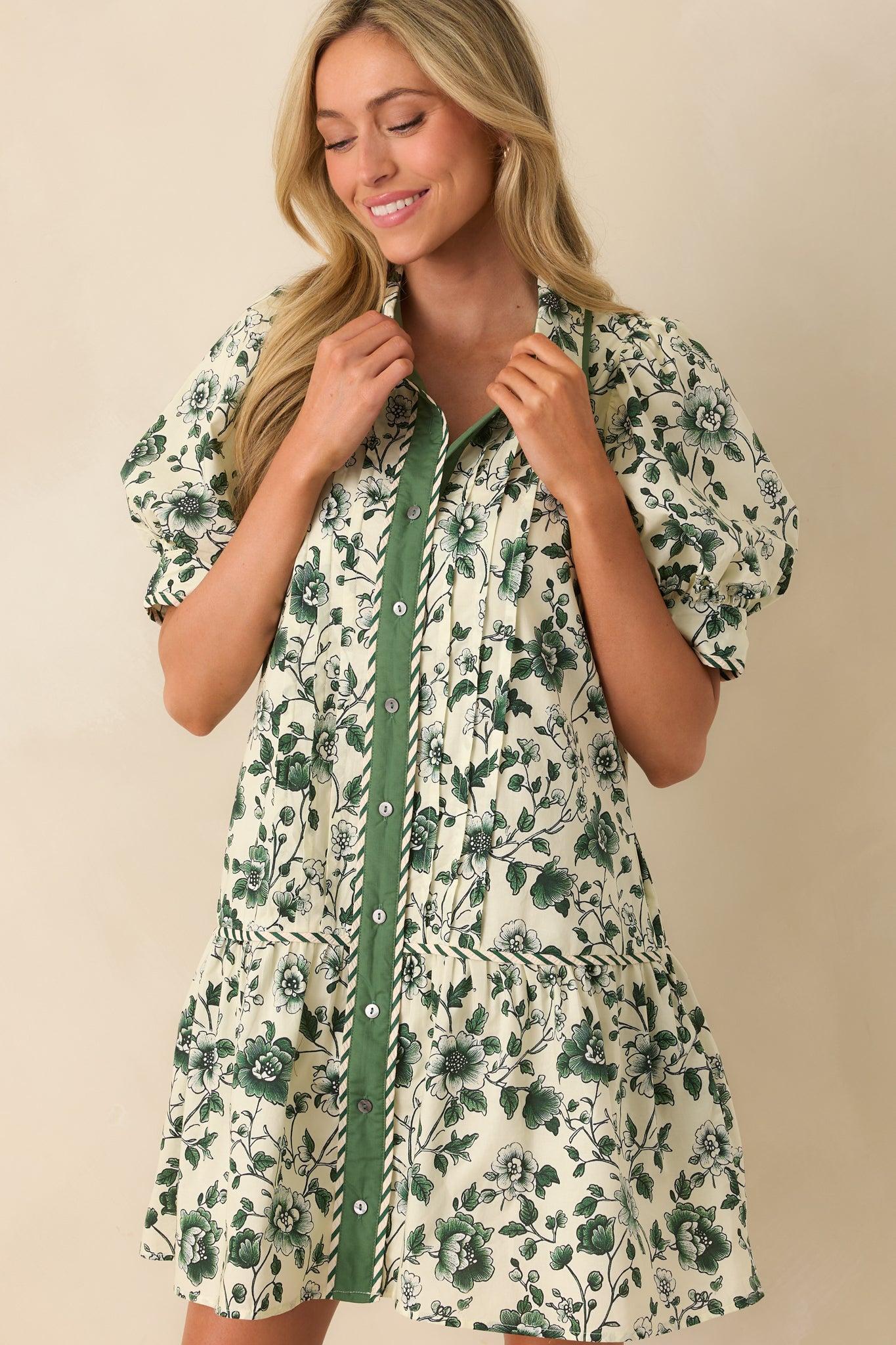 As It Happens Green Floral Print Cotton Puff Sleeve Mini Dress Product Image