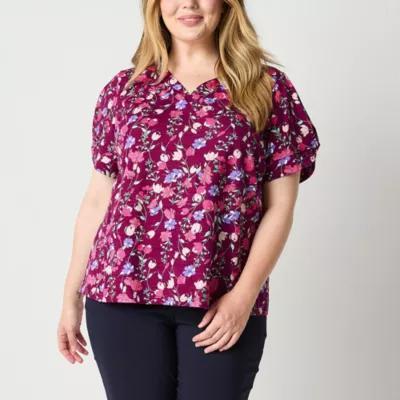 Liz Claiborne Plus Womens V Neck Short Sleeve Blouse Product Image