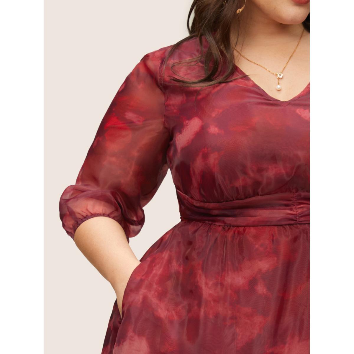 Plus Size Pixel Flower Mesh Gathered Lantern Sleeve Dress RedViolet Women Elegant Non V-neck Elbow-length sleeve Curvy Midi Dress BloomChic 30/6X Product Image
