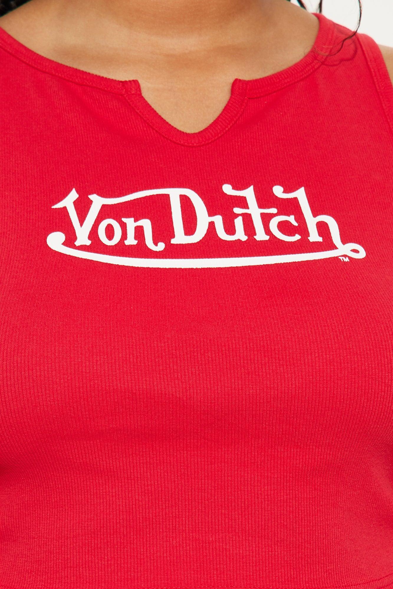Von Dutch Ribbed Notch Neck Tank Top - Red Product Image