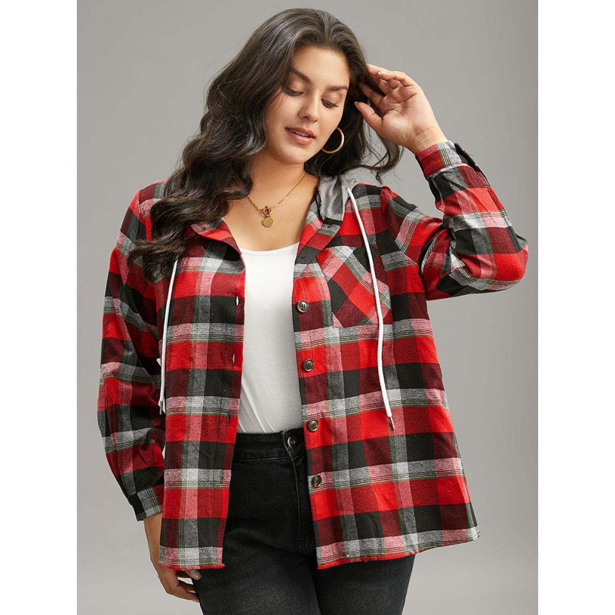 Plus Size Plaid Patchwork Hooded Drawstring Button Through Jacket Women Red Dailywear Jackets BloomChic 22-24/3X Product Image