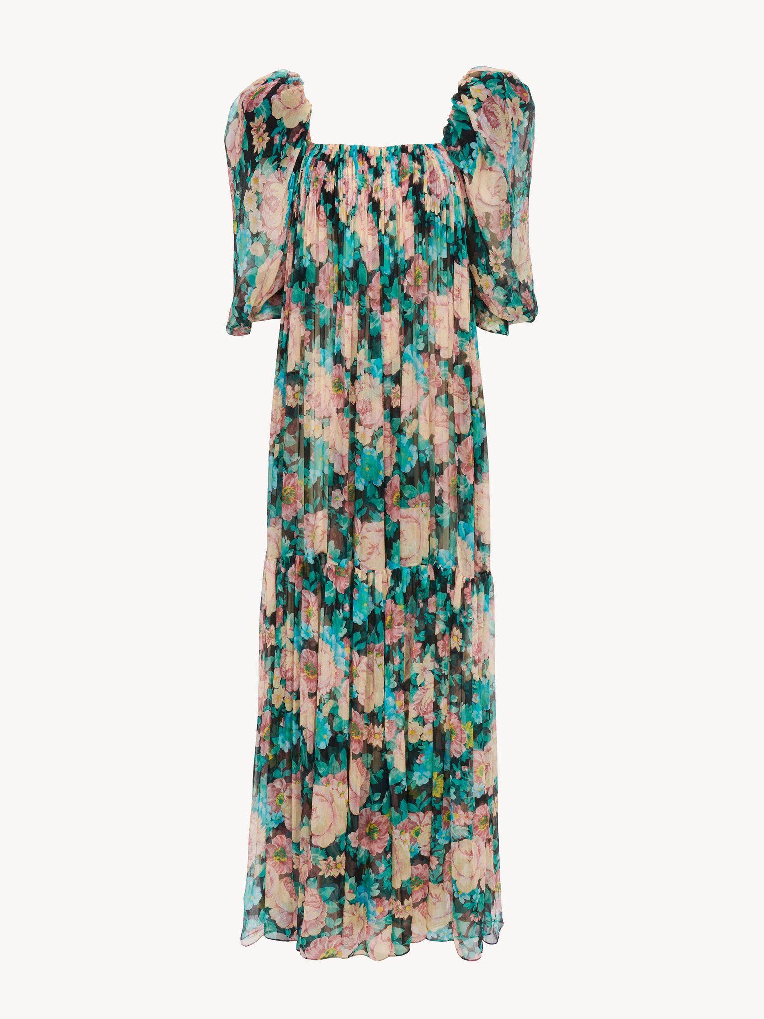 Puff-sleeve long dress in silk mousseline Product Image
