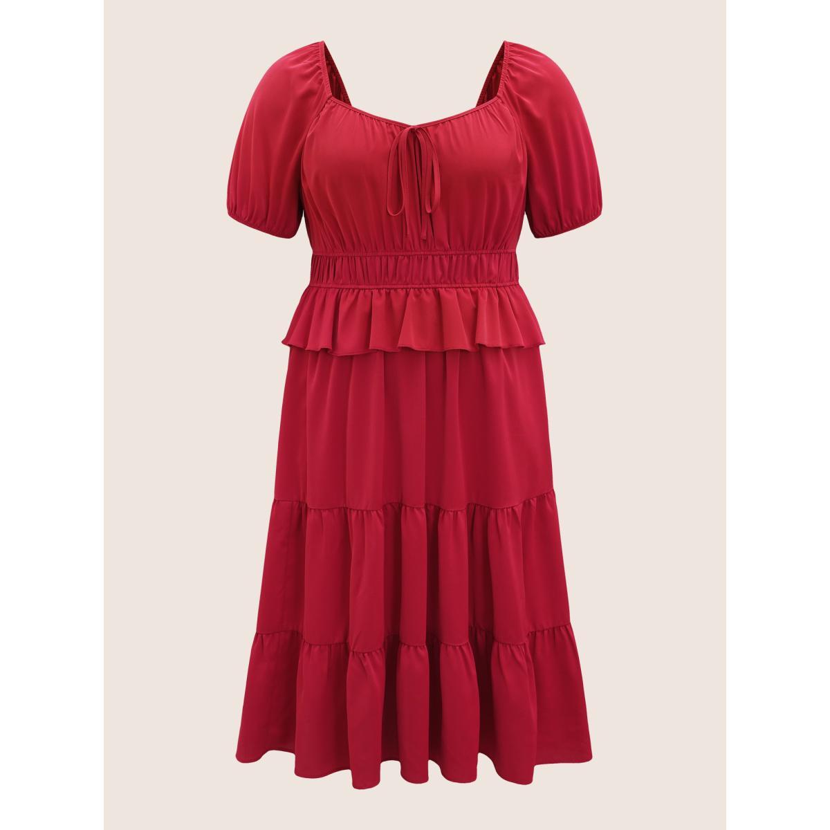 Plus Size Heart Neckline Bowknot Ruffle Trim Midi Dress Crimson Women Elegant Tie knot Heart neckline Short sleeve Curvy BloomChic 14-16/1X Product Image