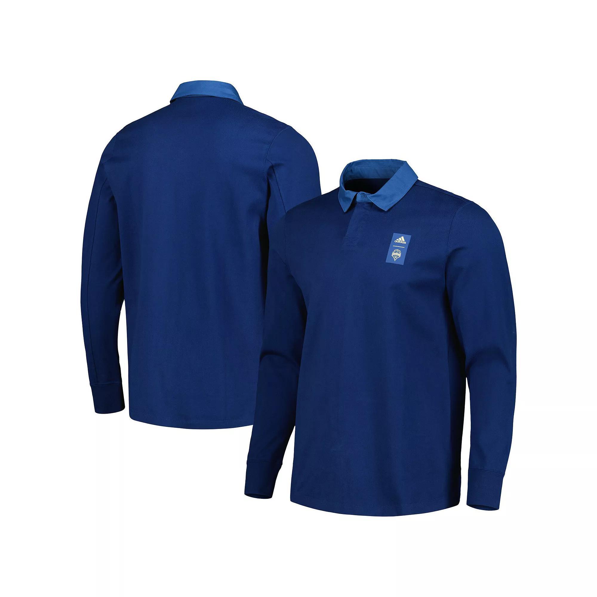 Mens adidas 2023 Player Seattle Sounders FC Travel Long Sleeve Polo Blue Product Image