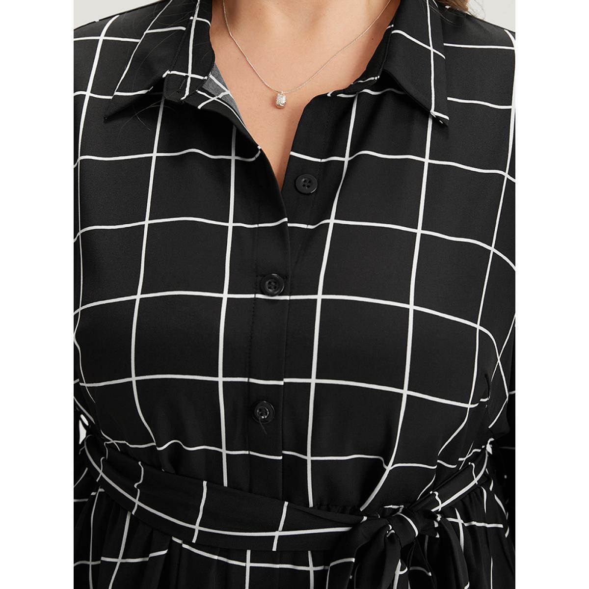 Plus Size Plaid Shirt Collar Belted Lantern Sleeve Dress Black Women At the Office Elastic cuffs Shirt collar Long Sleeve Curvy Midi Dress BloomChic 26/4X Product Image