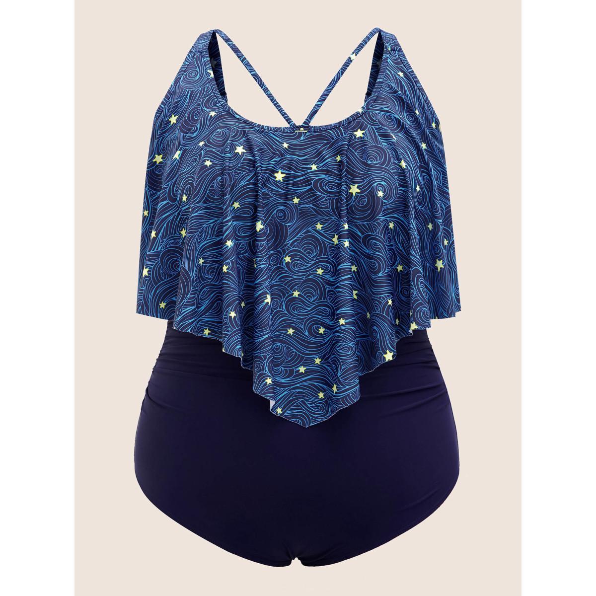 Plus Size Star Asymmetrical Hem Cross straps One Piece Swimsuit Women's Swimwear Indigo Beach Contrast Curve Bathing Suits High stretch One Pieces BloomChic 22-24/3X Product Image