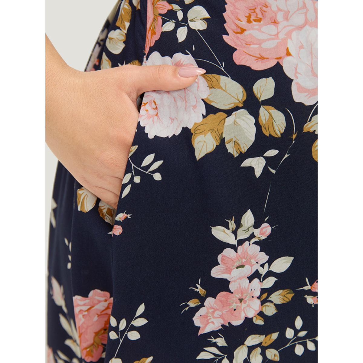 Plus Size Floral Print Pocket Knot Ruffle Sleeve Wrap Dress DarkBlue Women Elegant Wrap V-neck Half Sleeve Curvy Knee Dress BloomChic 28/5X Product Image