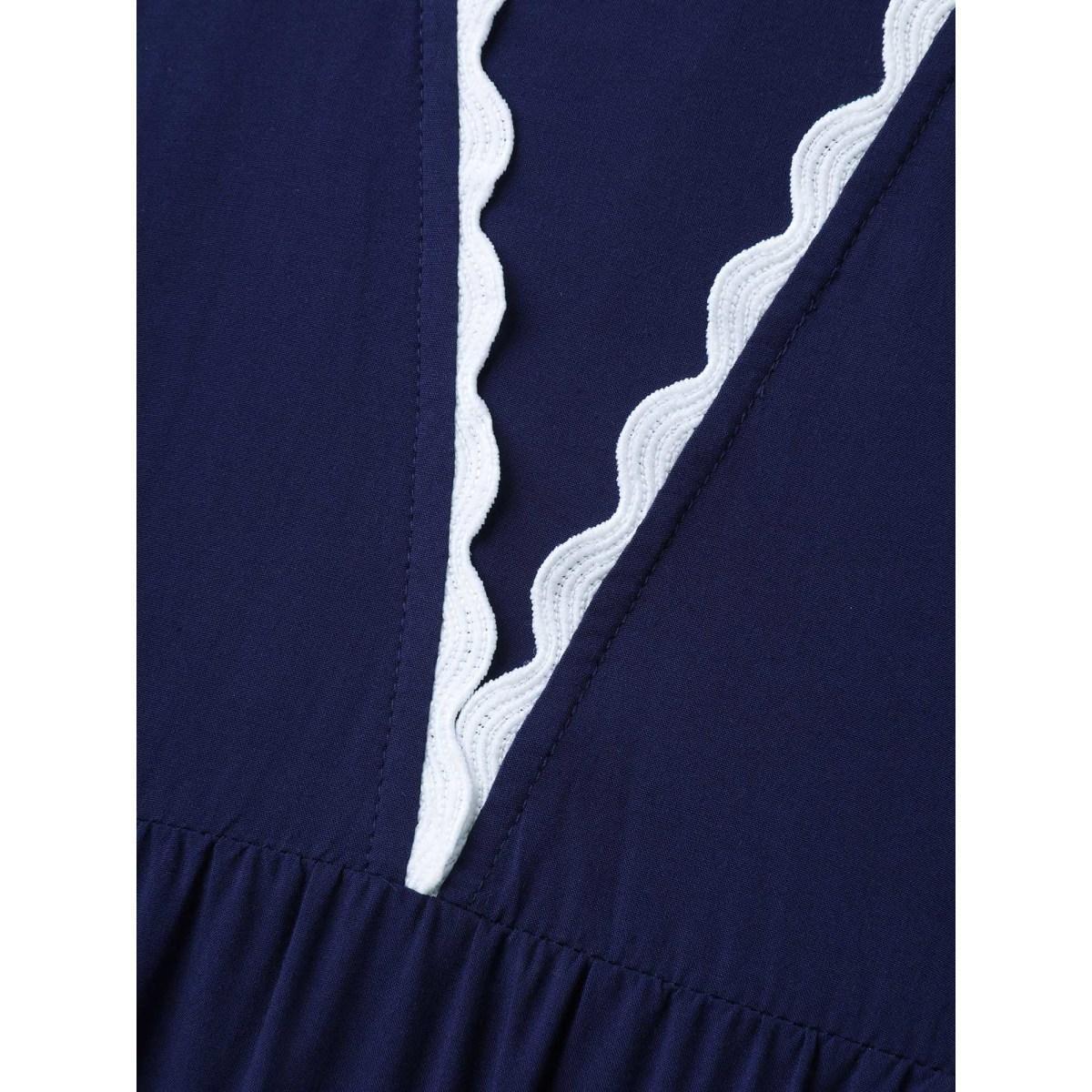 Plus Size Rayon Collar Ribbon Contrast Pockets Midi Dress Indigo Women V-neck Cap Sleeve Curvy BloomChic 26/4X Product Image