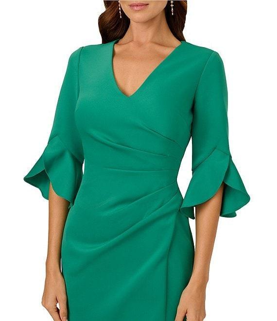 Adrianna Papell V-Neck 3/4 Ruffle Bell Sleeve Ruched Scuba Sheath Dress Product Image