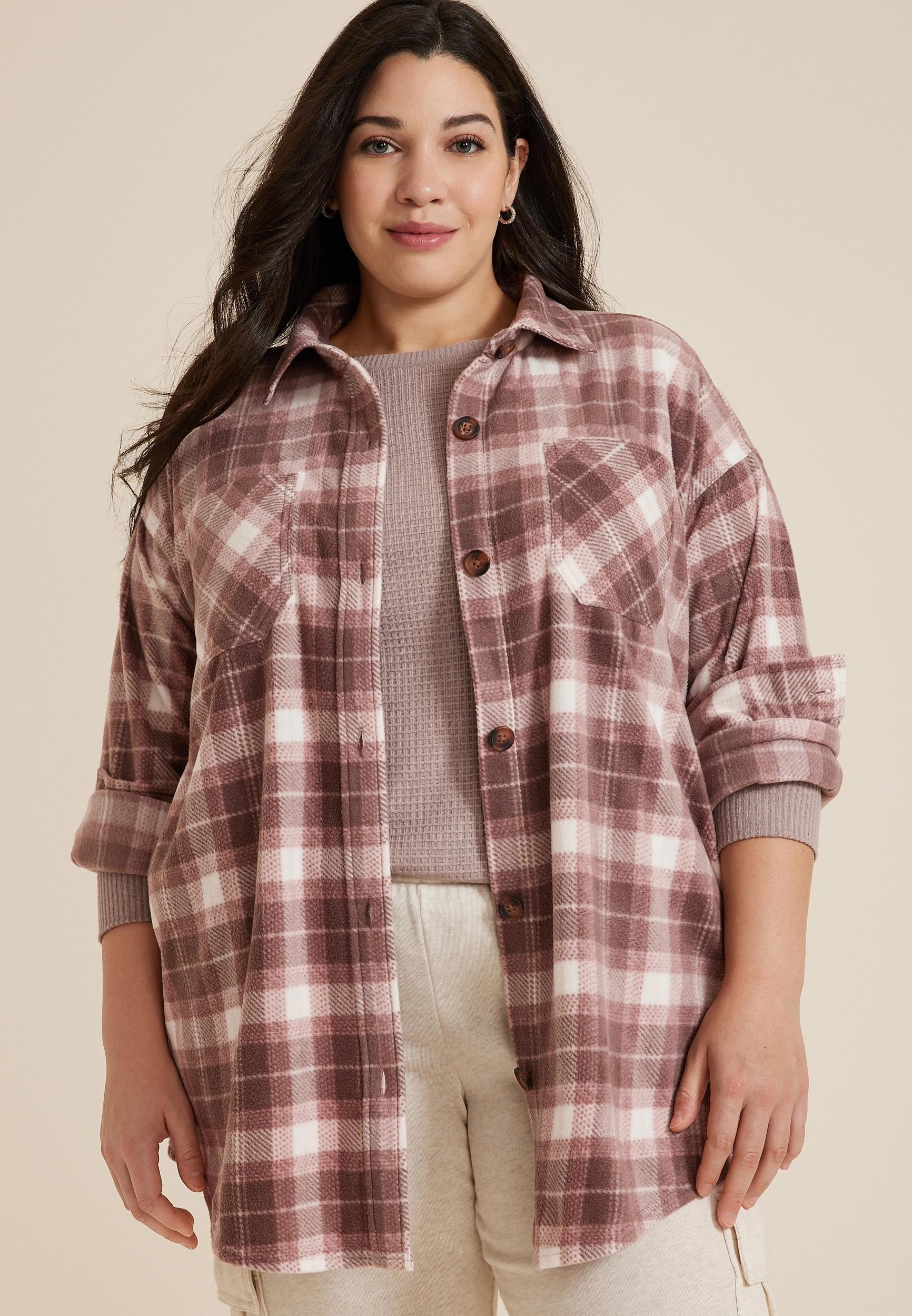 Maurices Plus Size Womens Wilder Plaid Fleece Shacket Beige Size 4X Product Image
