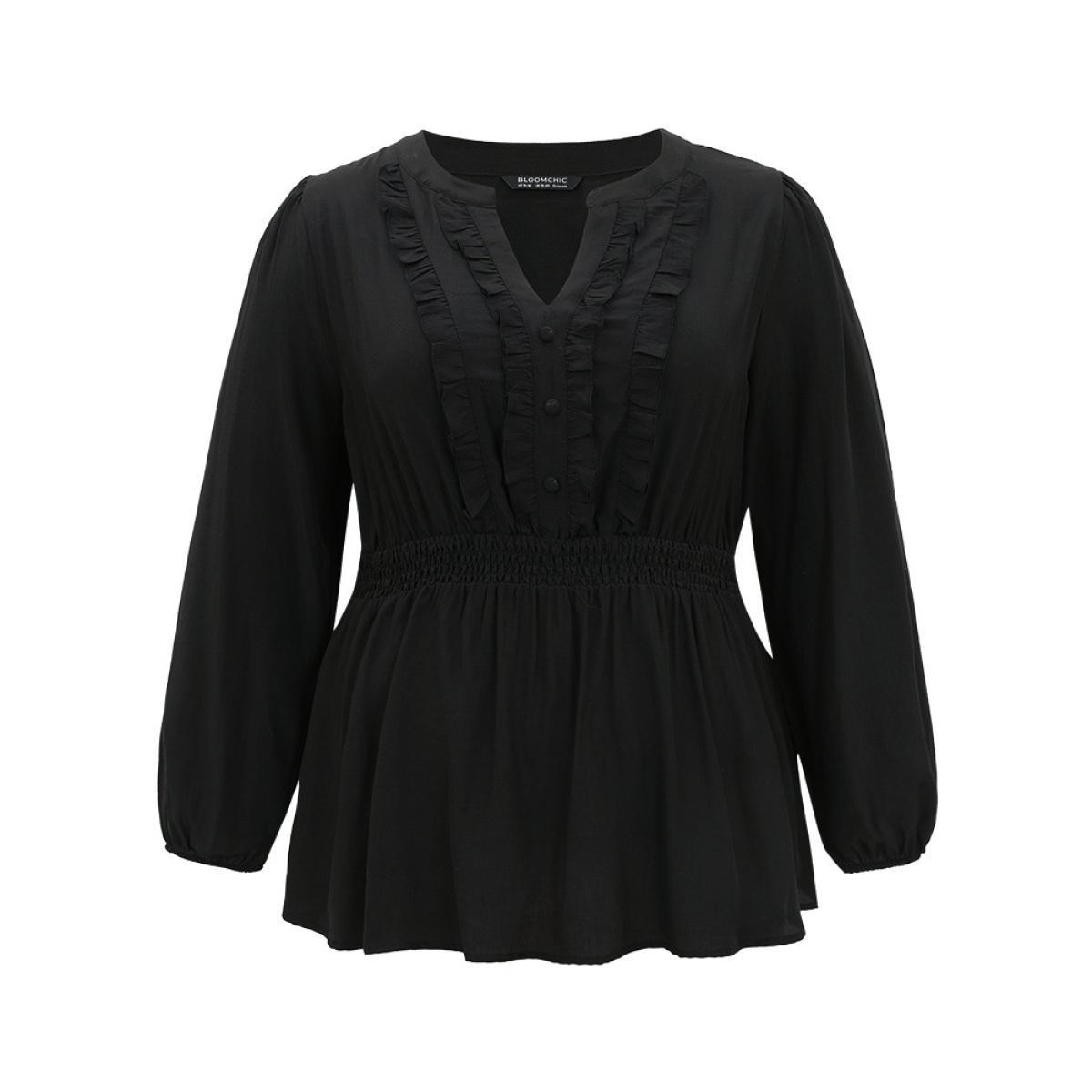 Plus Size Black Solid Frill Trim Shirred Flutter Hem Blouse Women Elegant Long Sleeve Notched collar Dailywear Blouses BloomChic 12/L Product Image