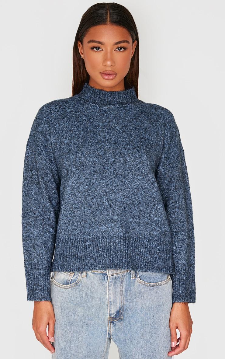  Charcoal Blue Luxe Knit High Neck Open Back Sweater Product Image
