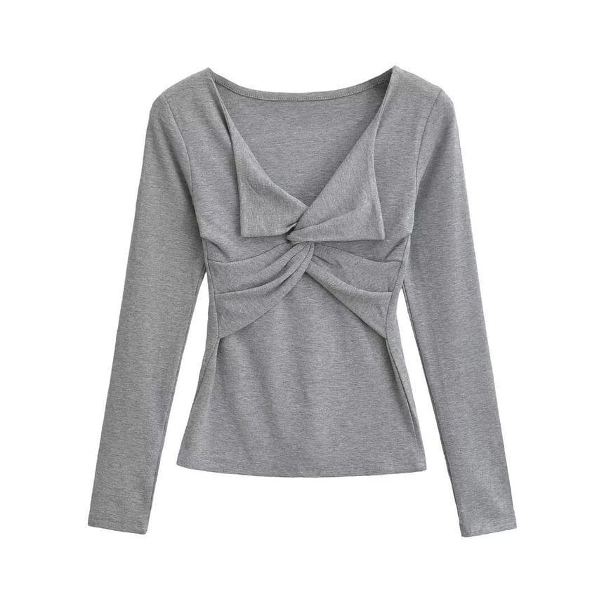 Long-Sleeve V-Neck Plain Knotted T-Shirt Product Image