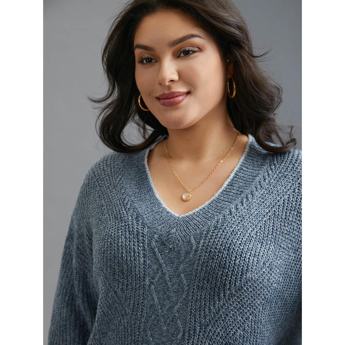 Plus Size Plain Textured Contrast Trim Cable Knit Pullover LightBlue Women Casual Loose Long Sleeve V-neck Everyday Pullovers BloomChic 28/5X Product Image
