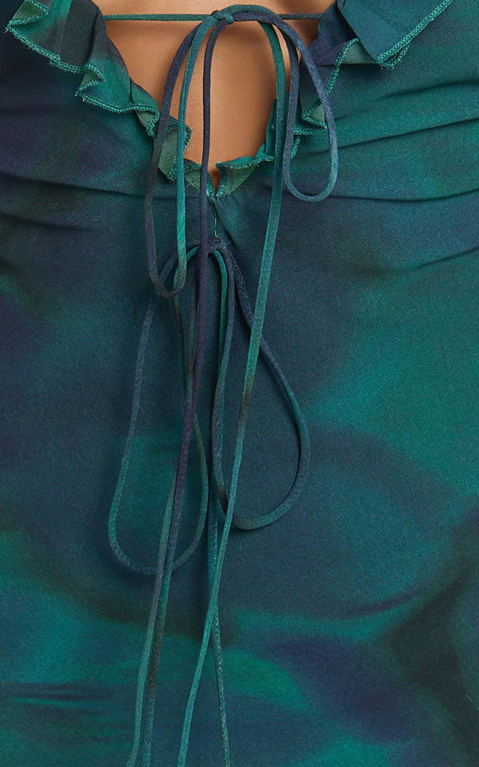 Katie Maxi Dress - Ruffle Plunge Neck Long Sleeve Dress in Green Product Image
