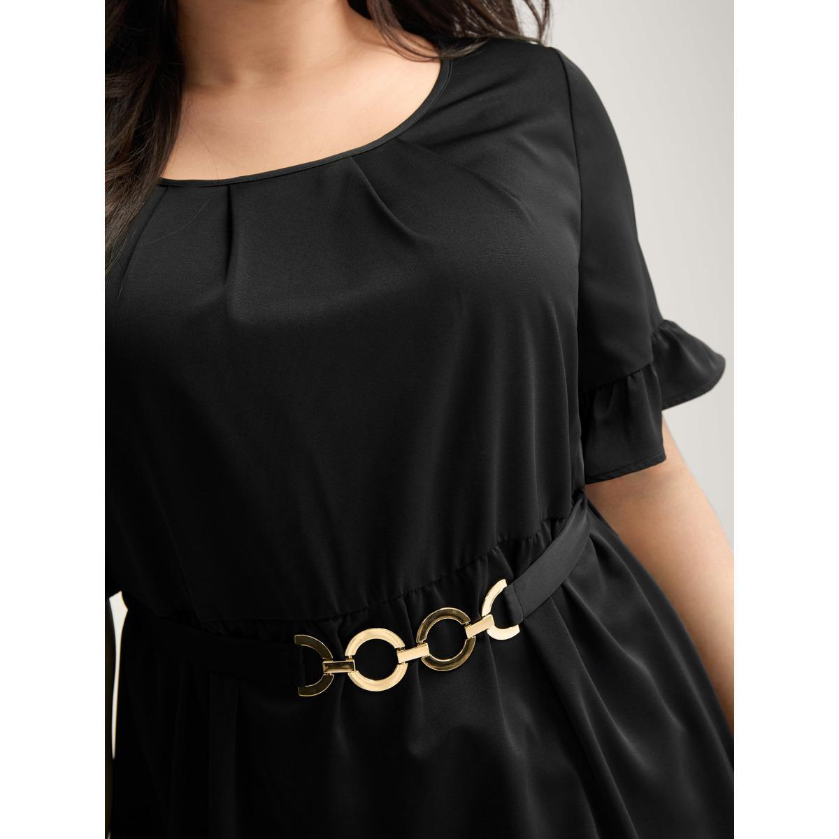 Plus Size Black Multiple Rings Buckle Belt Blouse Women Short sleeve Round Neck Work Blouses BloomChic 10/M Product Image