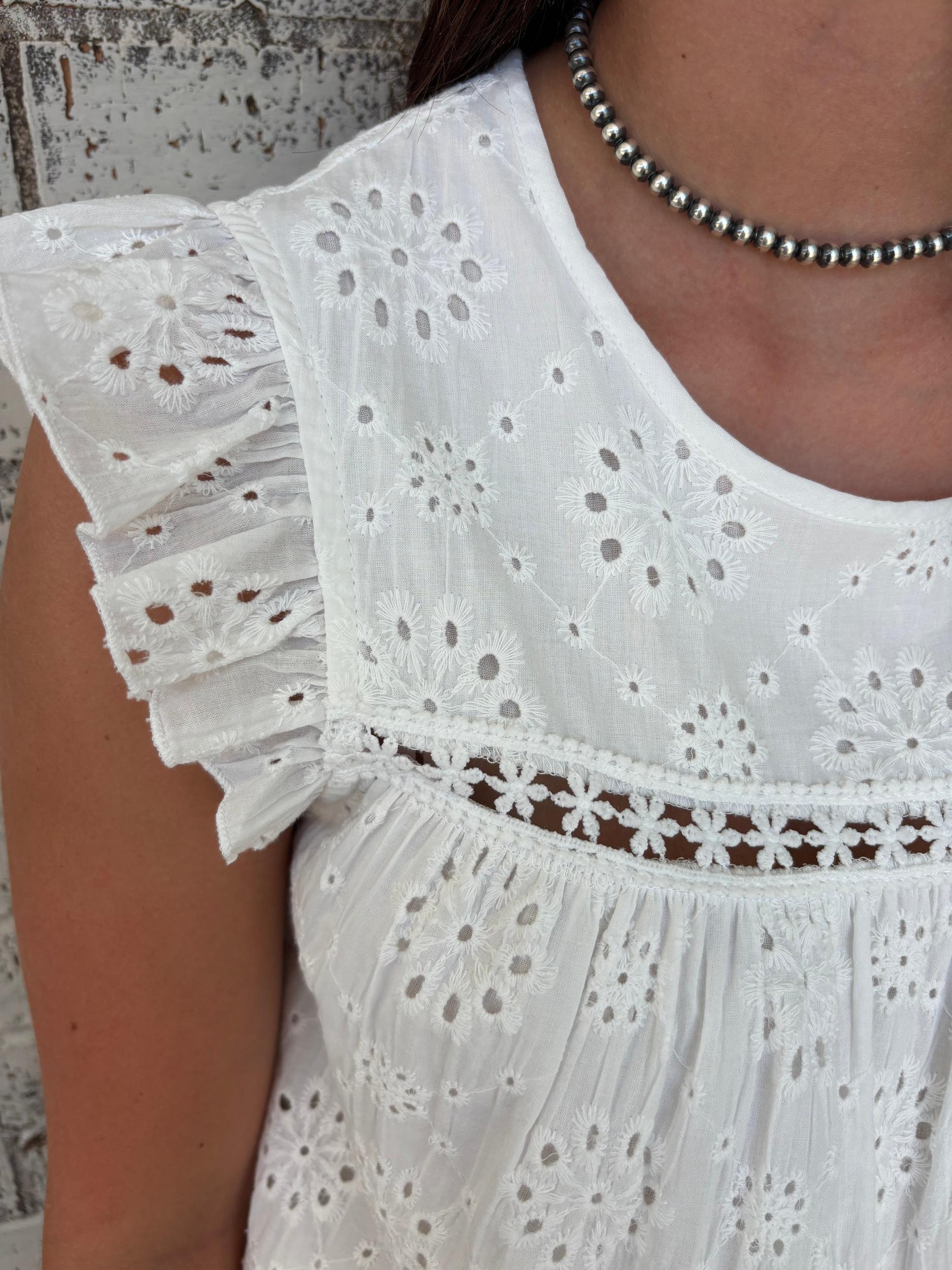 White Eyelet Embroidered Ruffled Flutter Sleeve Top Product Image