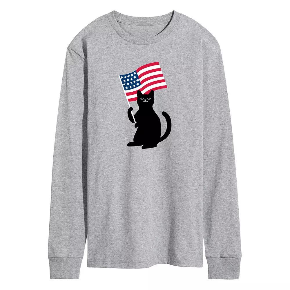 Mens Black Cat With Flag Long Sleeve Graphic Tee. Grey Gray Product Image
