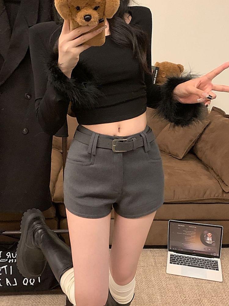 Set: Mid Rise Plain Shorts + Belt Product Image