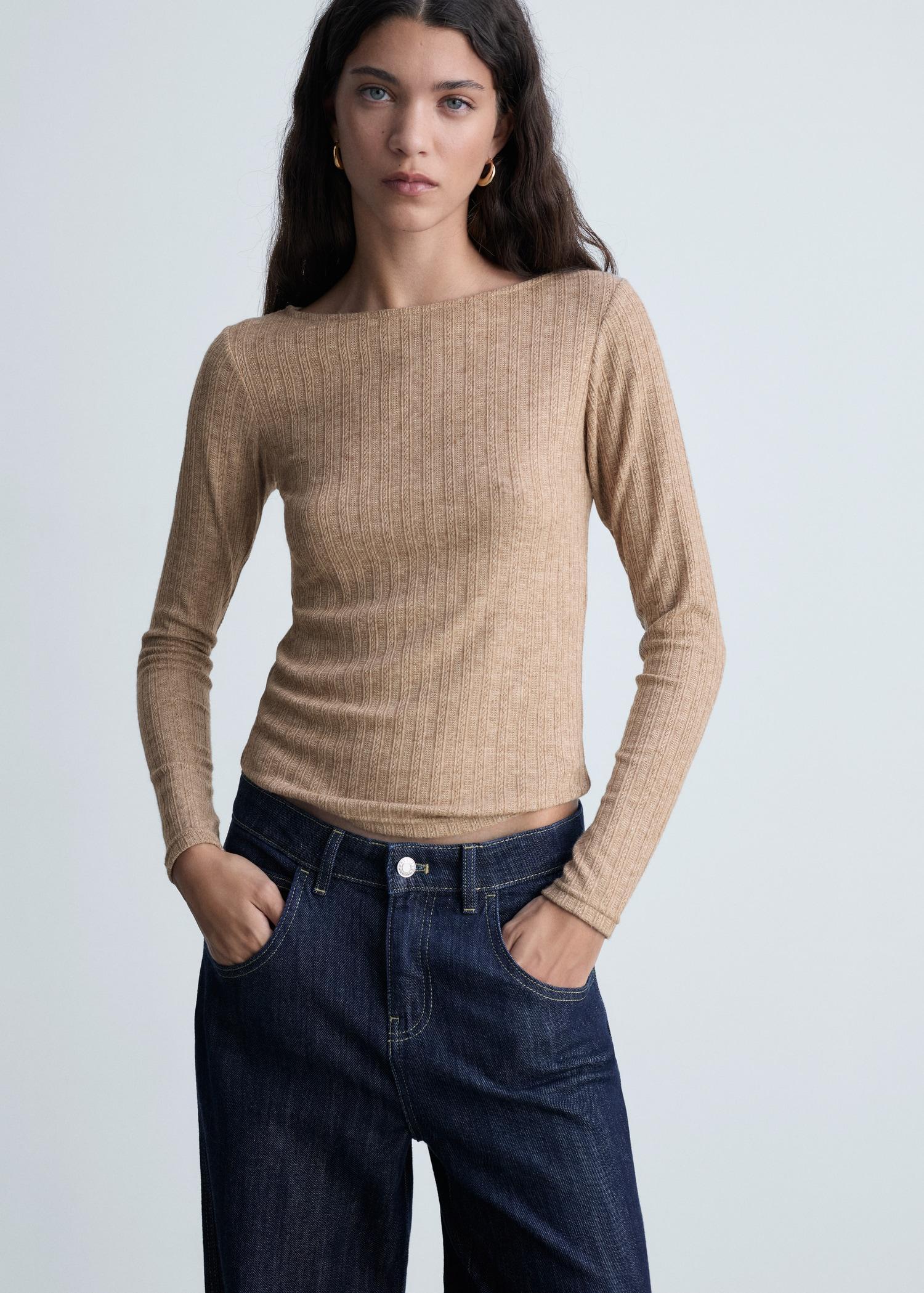 Long-sleeved pointelle t-shirt - Women | MANGO USA Product Image