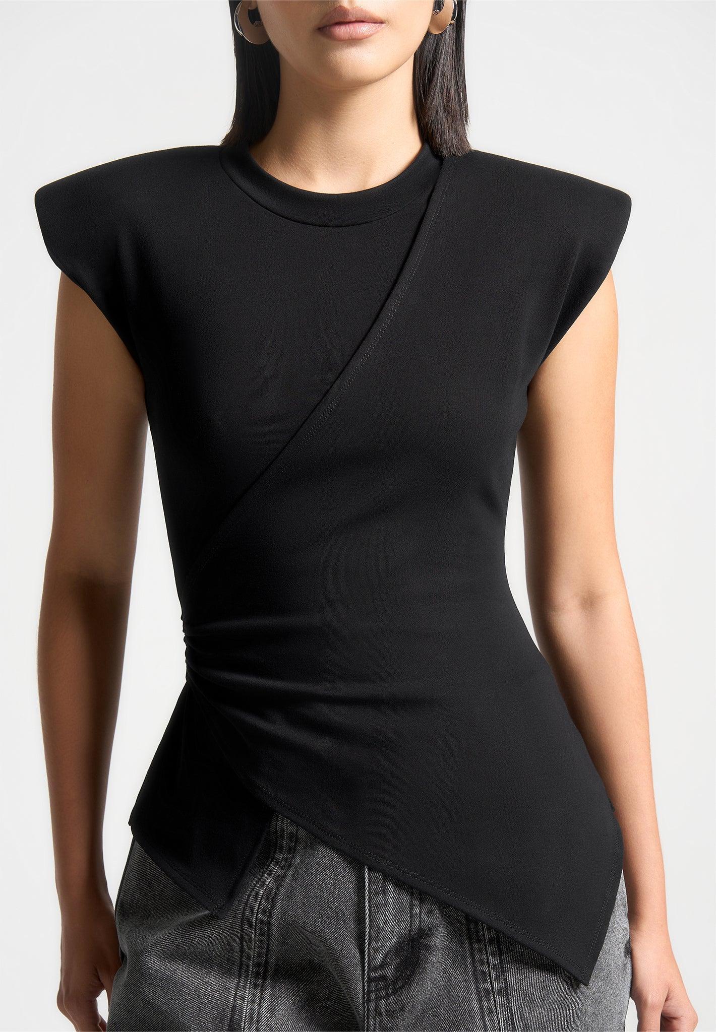 Wide Shoulder Ruched Waist Top - Black Female Product Image