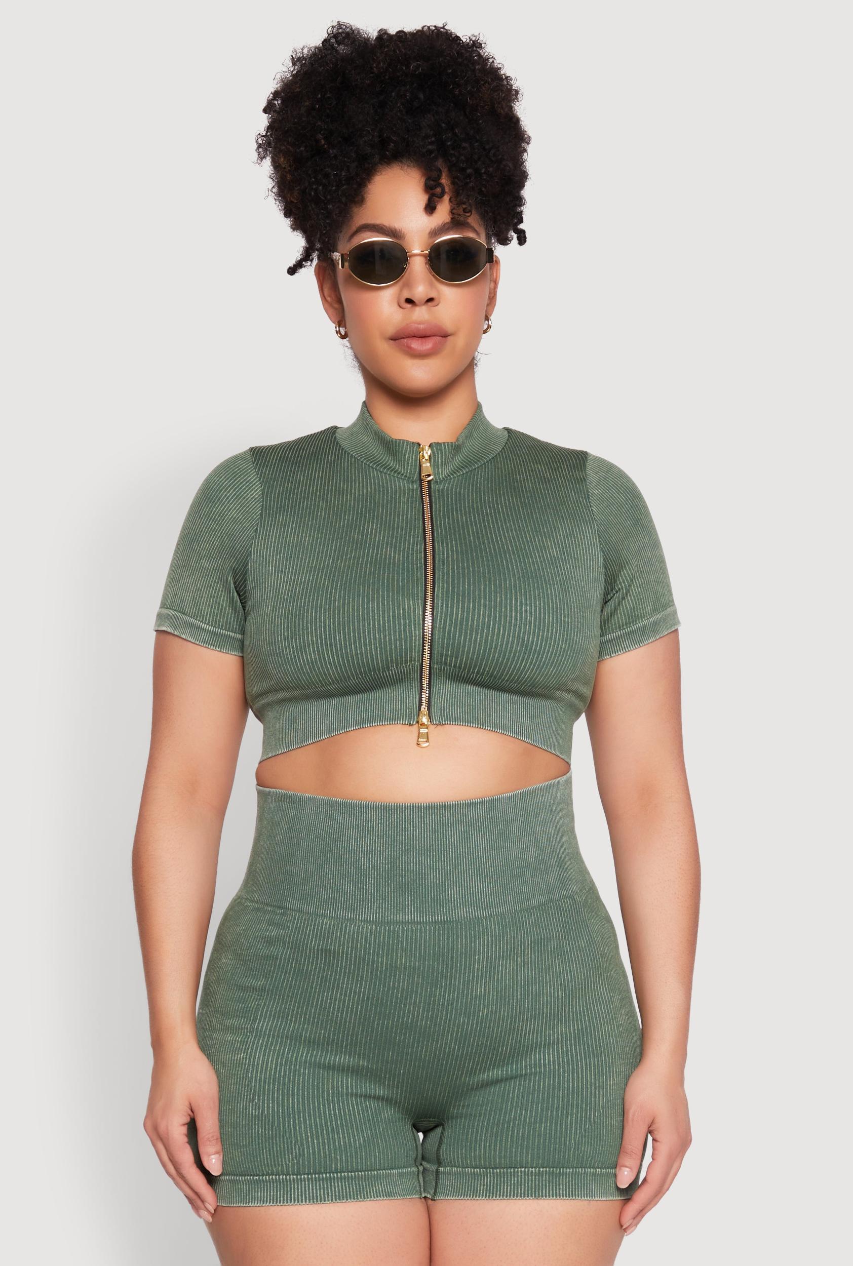 Womens Plus Size Daisy Mineral Wash Seamless Zip Front Top Product Image