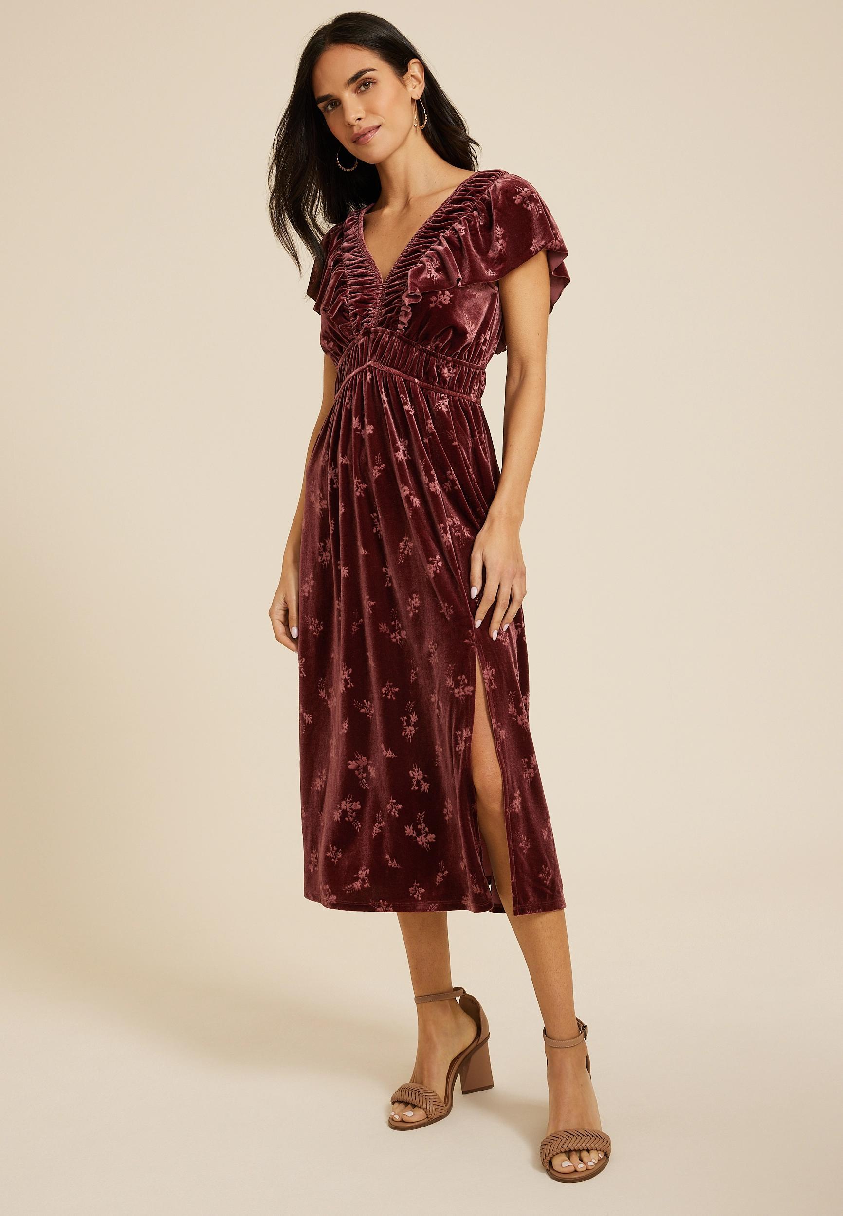 Maurices Womens Velvet Jacquard Midi Dress Red Size X Small Product Image