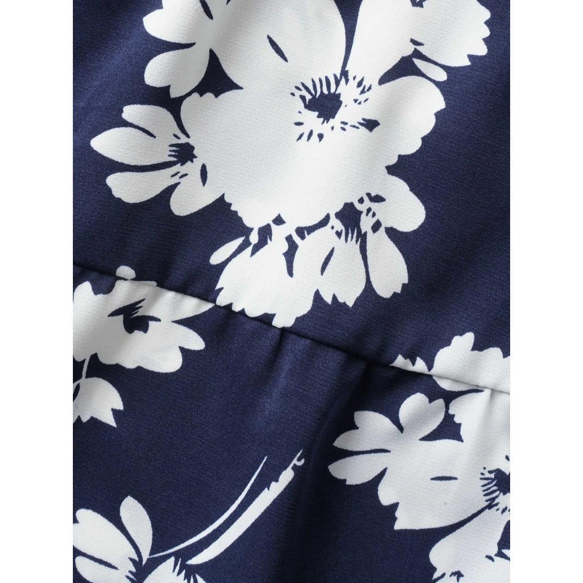 Plus Size Indigo Silhouette Floral Print Surplice Neck Blouse Women Elegant Short sleeve Heart neckline Everyday Blouses BloomChic 12/L Product Image