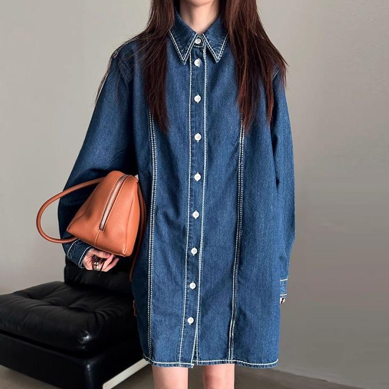 Long-Sleeve Denim Mini Shirt Dress Product Image