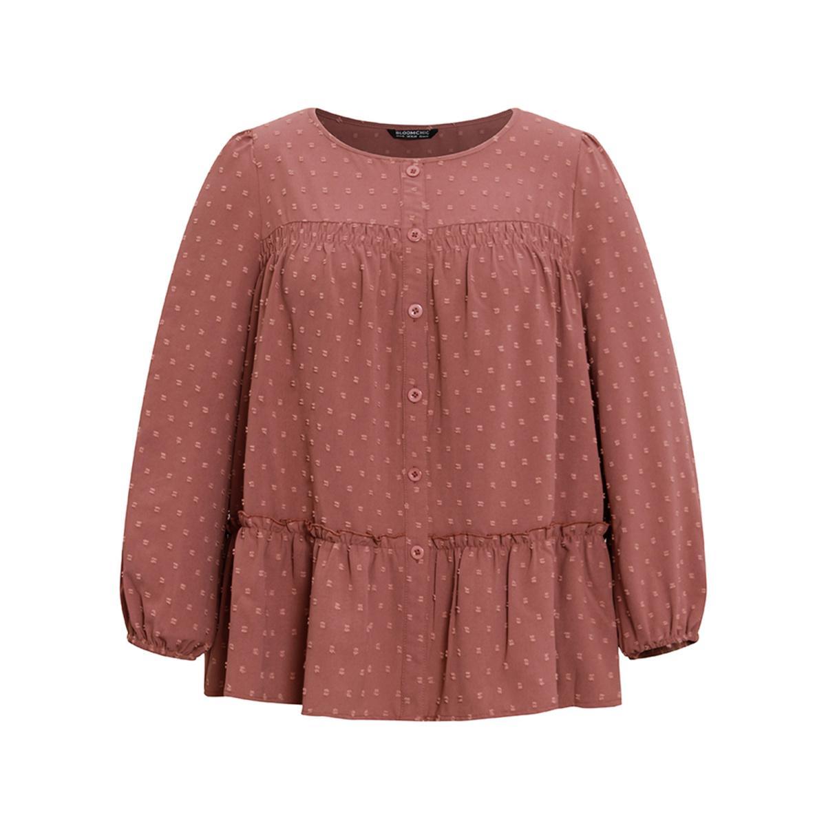 Plus Size Rust Textured Lantern Sleeve Gathered Frill Trim Blouse Women Casual Long Sleeve Round Neck Vacation Blouses BloomChic 26/4X Product Image