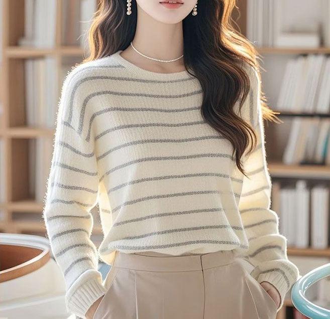Long-Sleeve Crew Neck Striped Knit Top Product Image