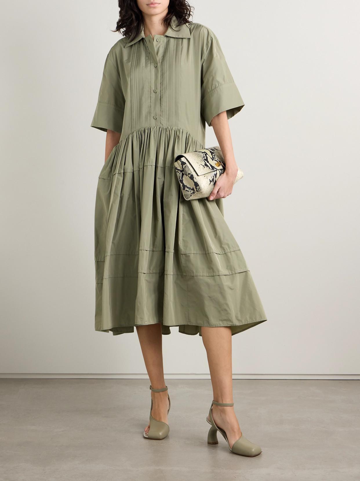 JIL SANDER Pleated Sateen Midi Shirt Dress In Green Product Image