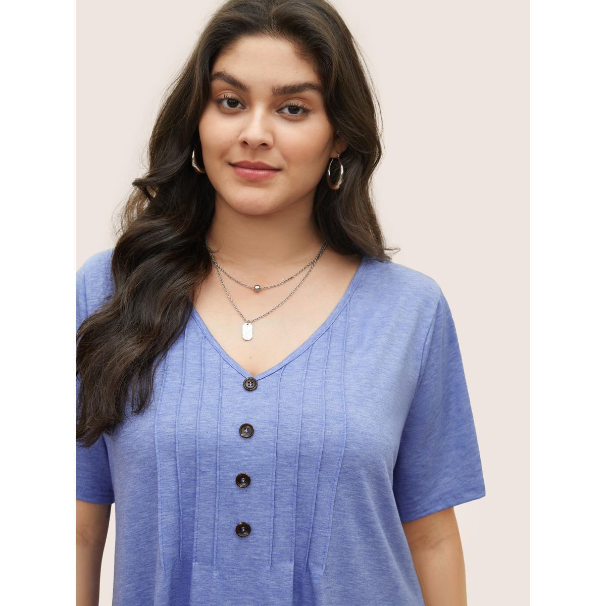 Plus Size Solid Pleated Front Button Detail V Neck T-shirt LightBlue Women Casual Button Plain V-neck Everyday T-shirts BloomChic 18-20/2X Product Image