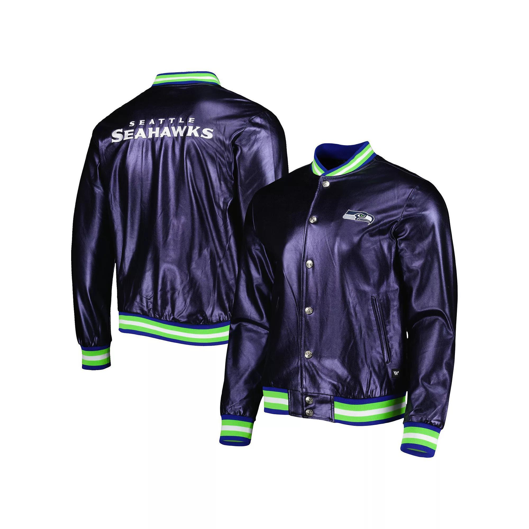 Men's The Wild Collective College Navy Seattle Seahawks Metallic Bomber Full-Snap Jacket, Size: Medium, Blue Product Image