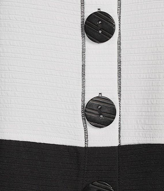 Multiples Petite Size Solid Stripe Jacquard Stand Collar 3/4 Sleeve Fitted Button Front Jacket Product Image