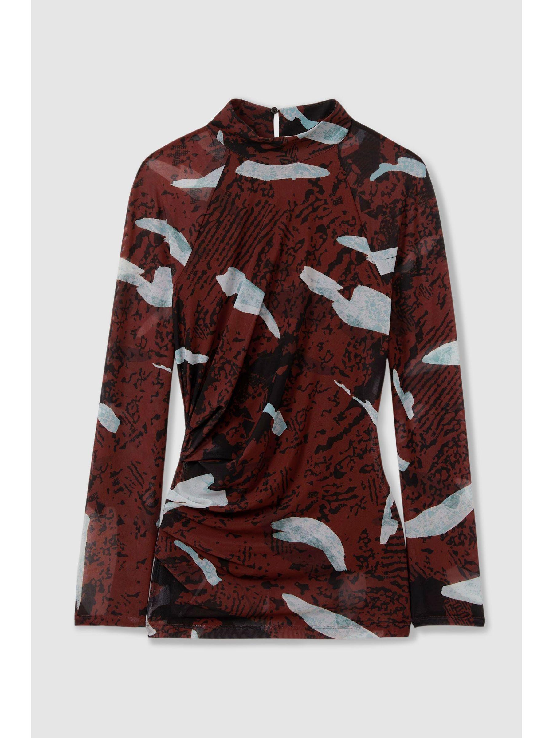 Printed Ruched Top in Burgundy Product Image