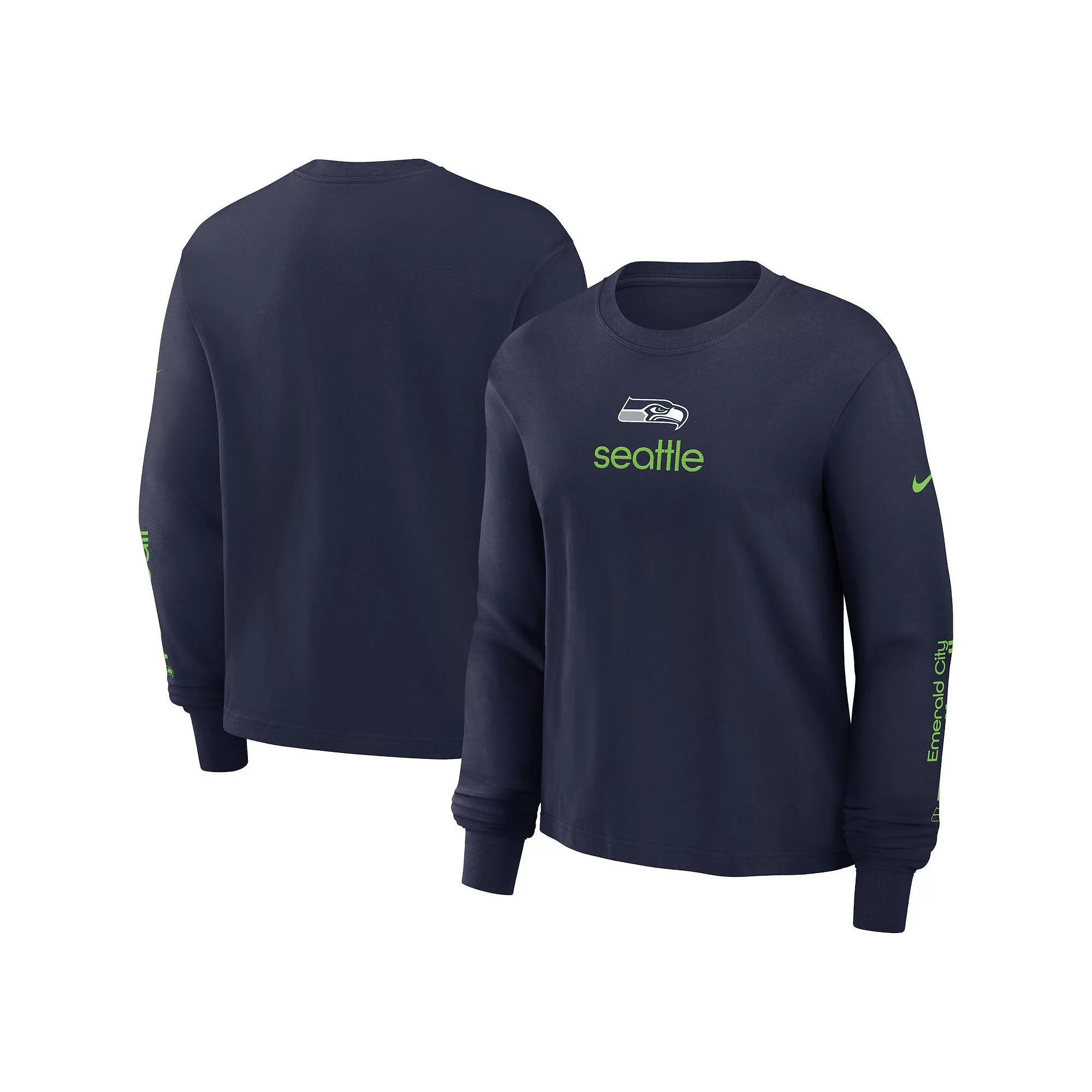 Women's Nike College Navy Seattle Seahawks Boxy Long Sleeve T-Shirt, Size: XS, Blue Product Image