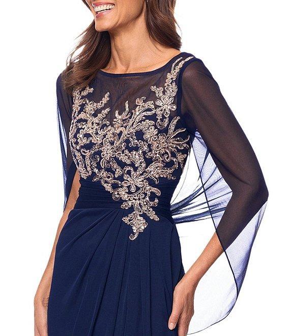 Betsy & Adam Sheer Matte Jersey Boat Neck Short Sleeve Beaded Back Cape Sheath Dress Product Image