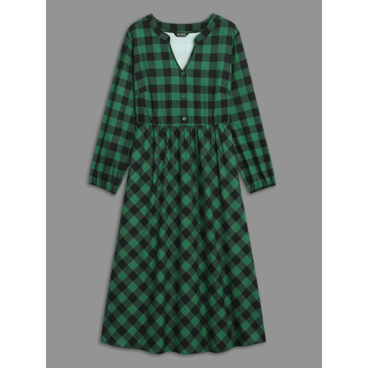 Plus Size Plaid Notched Collar Midi Dress DarkGreen Women Elegant Button Notched collar Long Sleeve Curvy BloomChic 26/4X Product Image