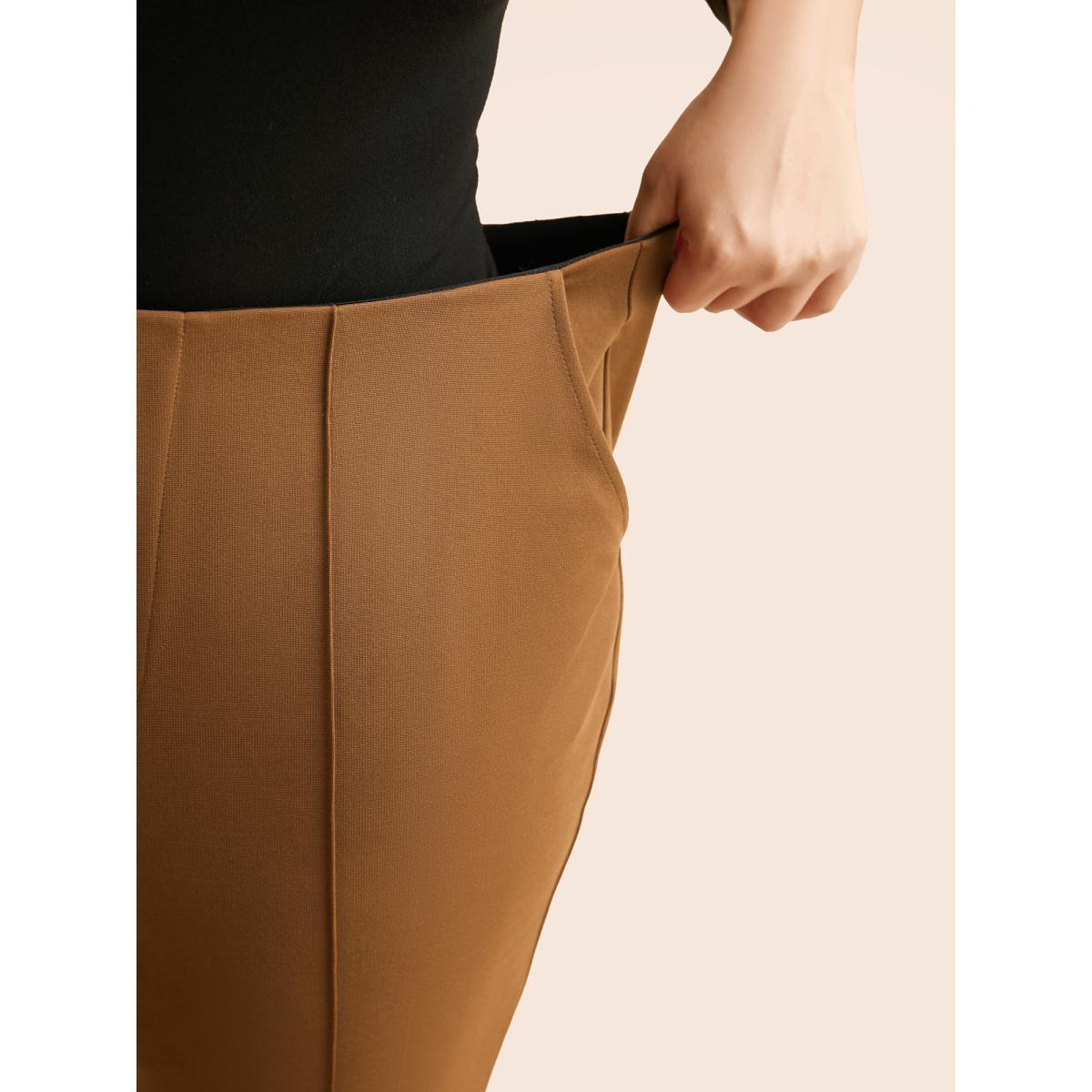 Plus Size Solid Seam Detail Flare Leg Pants Women Yellowishbrown Elegant Flare Leg Mid Rise Everyday Pants BloomChic 12/L Product Image