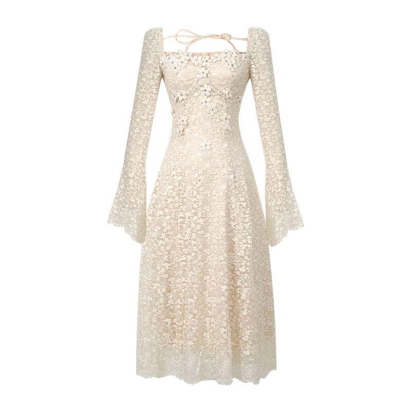 Long-Sleeve Floral Lace Midi A-Line Dress Product Image