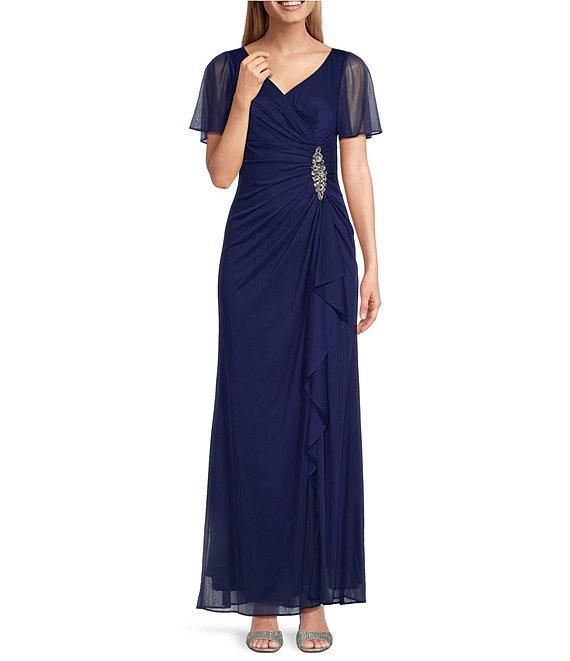 Alex Evenings V-Neck Flutter Sleeve Hip Embellishment Cascade Skirt Sheath Dress Product Image