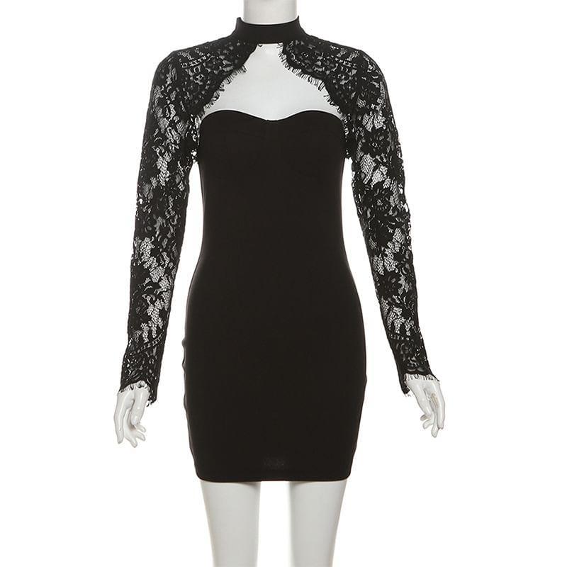 Long-Sleeve Lace Panel Cutout Mini Bodycon Dress Product Image