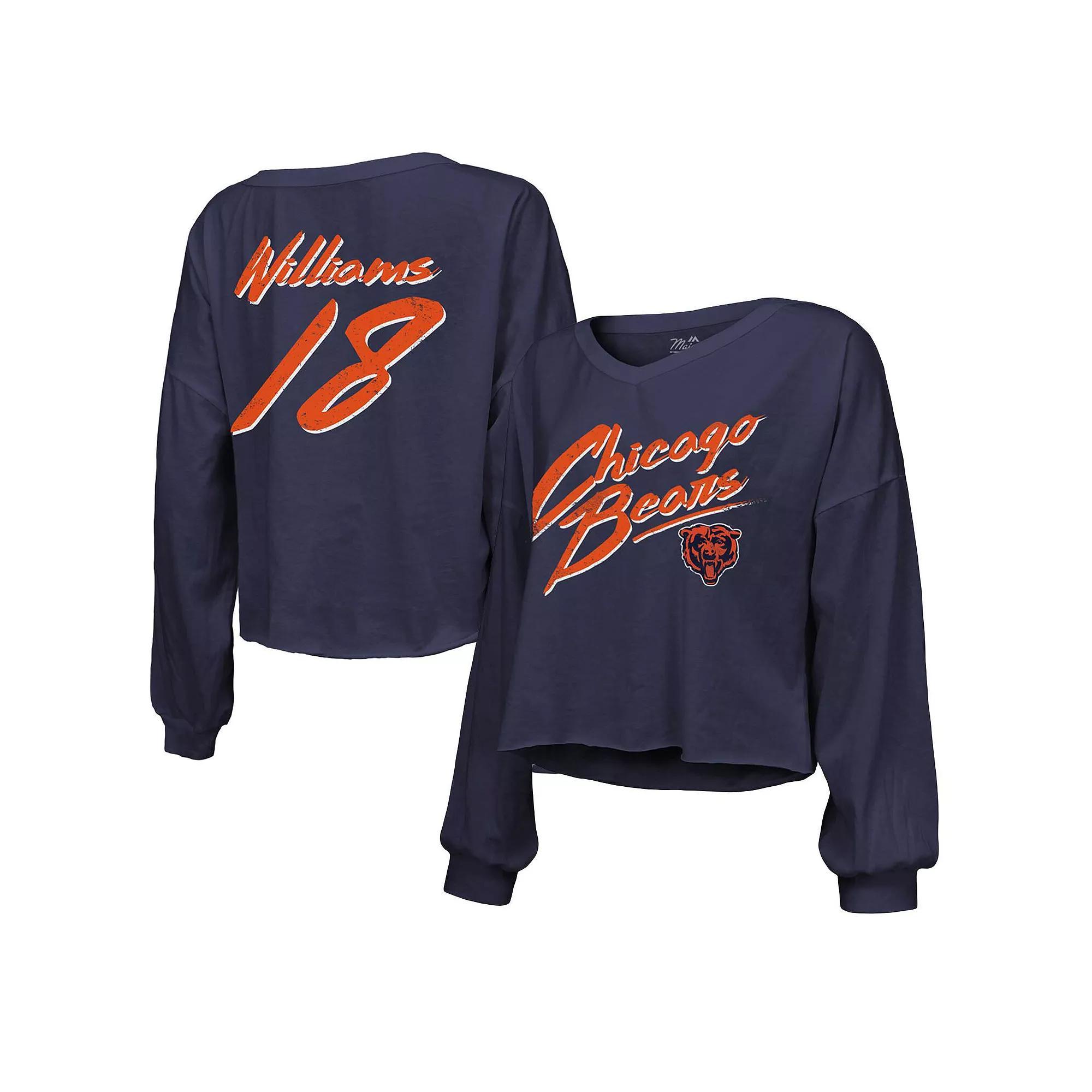 Women's Majestic Threads Caleb Williams Navy Chicago Bears Name & Number Off-Shoulder Script Cropped Long Sleeve V-Neck T-Shirt, Size: XL, Blue Product Image