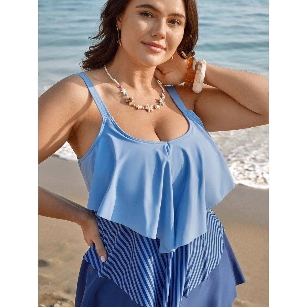 Plus Size Color Block Ruffled Flared Swim Top Women's Swimwear Mediumblue Beach High stretch Bodycon V-neck Curve Swim Tops BloomChic 22-24/3X Product Image