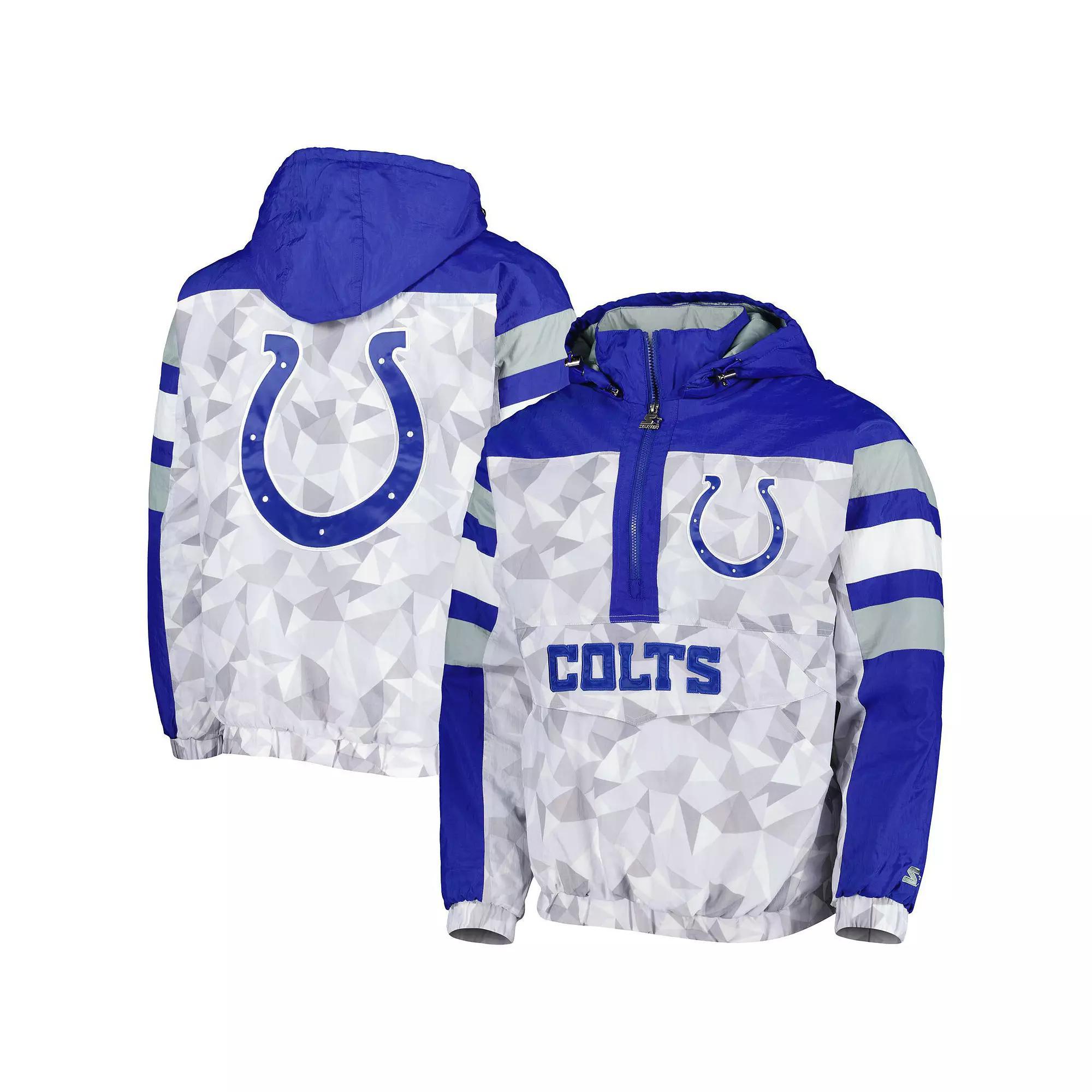 Men's Starter White/Royal Indianapolis Colts Thursday Night Gridiron Raglan Half-Zip Hooded Jacket, Size: Medium Product Image