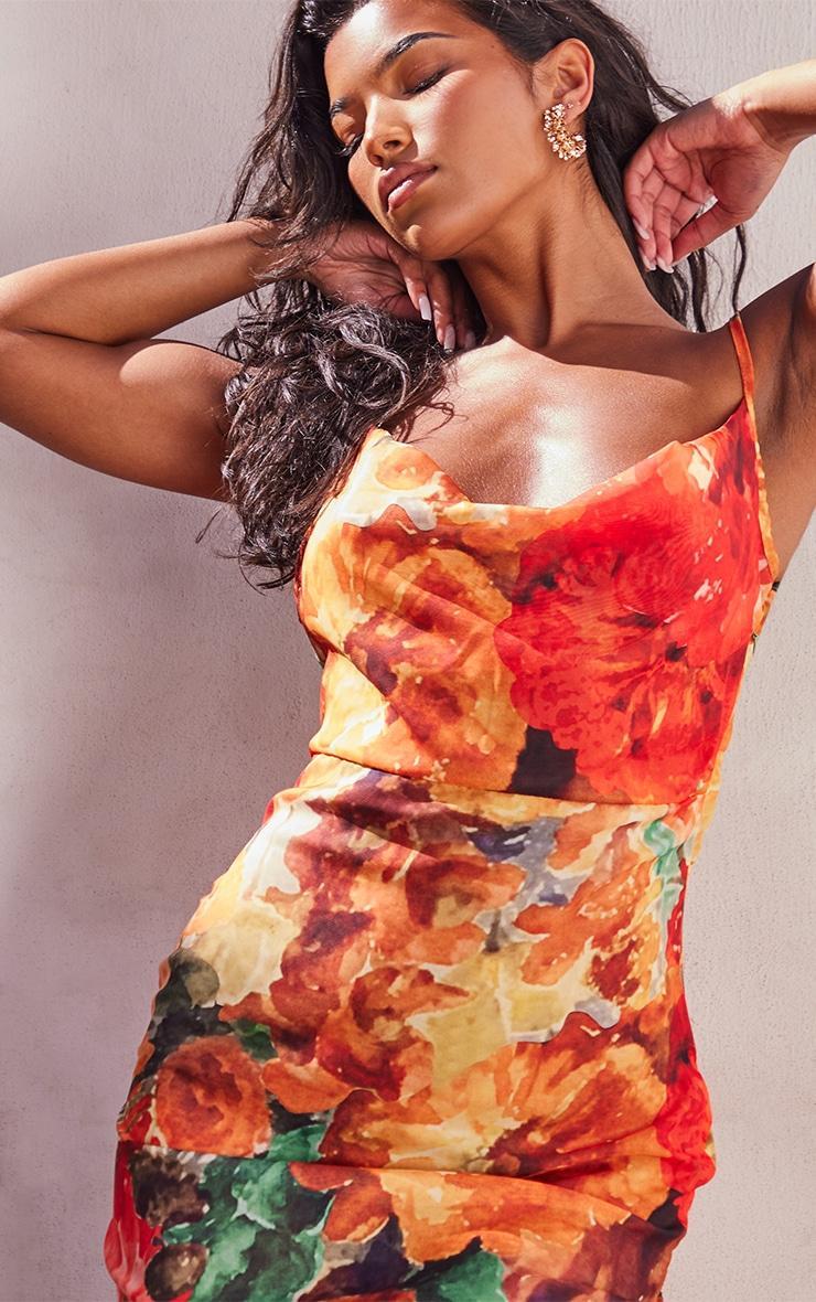Orange Floral Print Sheer Chiffon Lace Up Back Maxi Dress Product Image