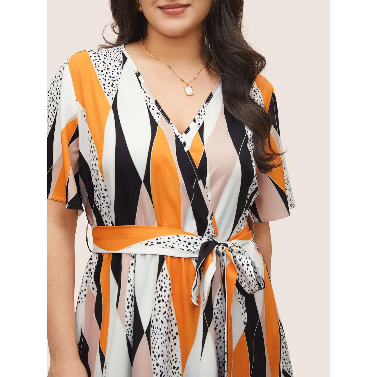 Plus Size Geometric Contrast Overlap Collar Belted Ruffle Sleeve Dress Multicolor Women At the Office Overlapping Overlap Collar Short sleeve Curvy Midi Dress BloomChic 22-24/3X Product Image